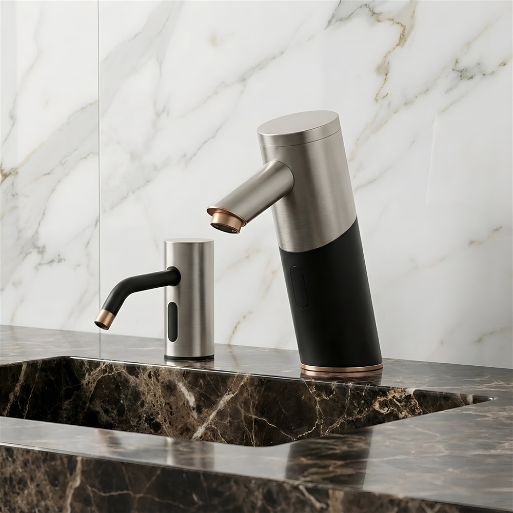 Premium public restroom sink area with automated water and soap fixtures
